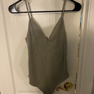 deep-v ribbed grey bodysuit